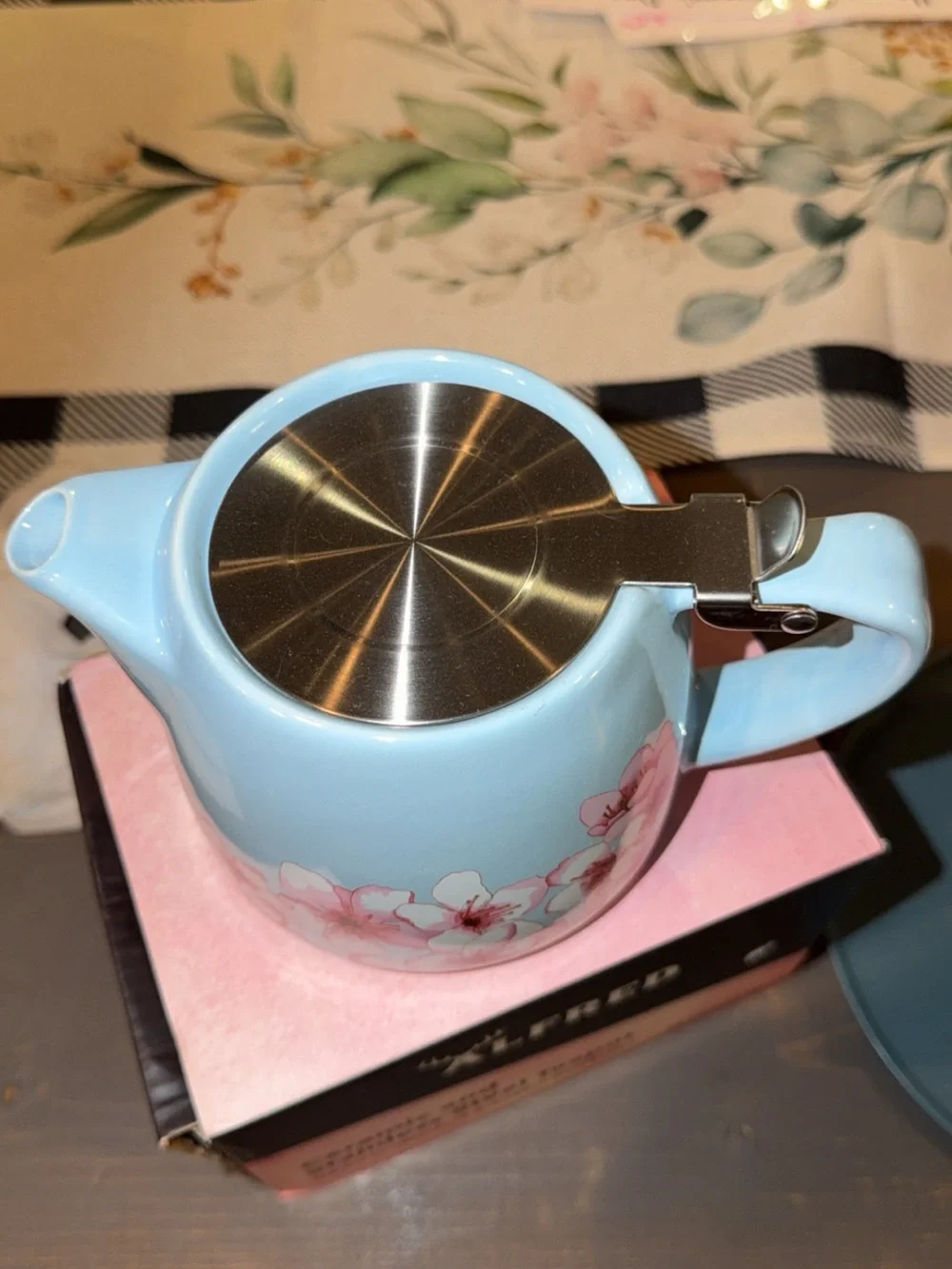 Alfred Light Blue Ceramic Teapot with Pink Cherry Blossom Motif